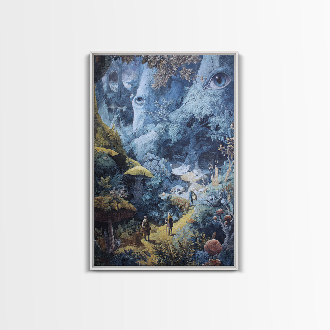 Ancient Forest Faces Wall Art, Surreal Mushroom Path Fantasy Illustration, Whimsical Woodland Decor For Reading Nook Canvas Print