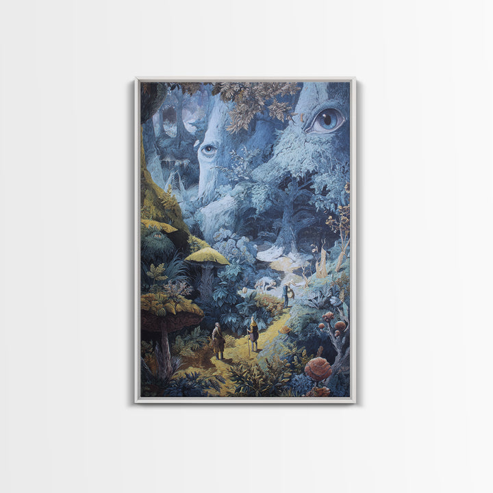 Ancient Forest Faces Wall Art, Surreal Mushroom Path Fantasy Illustration, Whimsical Woodland Decor For Reading Nook Canvas Print