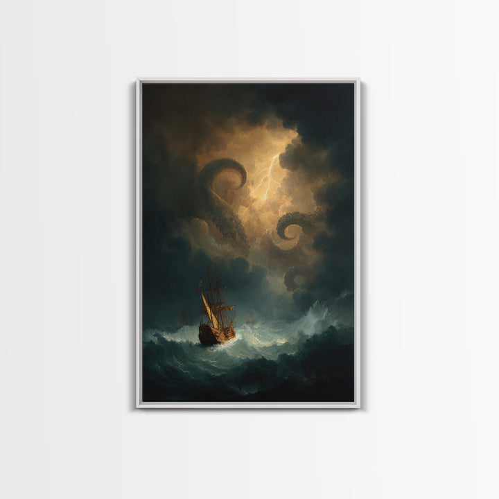 Kraken Sea Monster Wall Art, Stormy Ship Ocean Fantasy Painting, Dark Nautical Canvas Print For Gothic Coastal Decor Gift