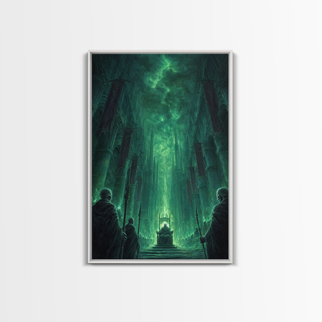 Emerald Gothic Throne Room Framed Canvas Print, Dark Fantasy Cathedral Wall Art, Moody Occult Decor For Office Or Library