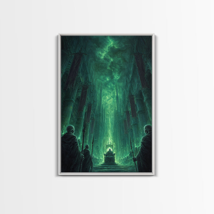 Emerald Gothic Throne Room Framed Canvas Print, Dark Fantasy Cathedral Wall Art, Moody Occult Decor For Office Or Library