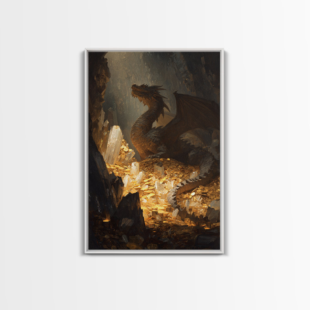 Dragon Guarding Crystal Treasure Framed Canvas Print, Dark Fantasy Cave Wall Art, Mythical Gold Hoard Decor For Gamer Room