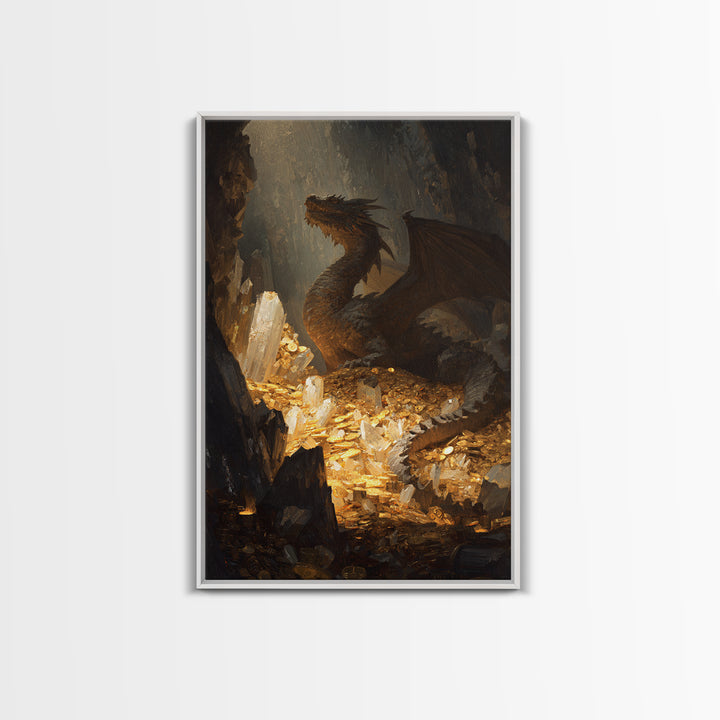 Dragon Guarding Crystal Treasure Framed Canvas Print, Dark Fantasy Cave Wall Art, Mythical Gold Hoard Decor For Gamer Room