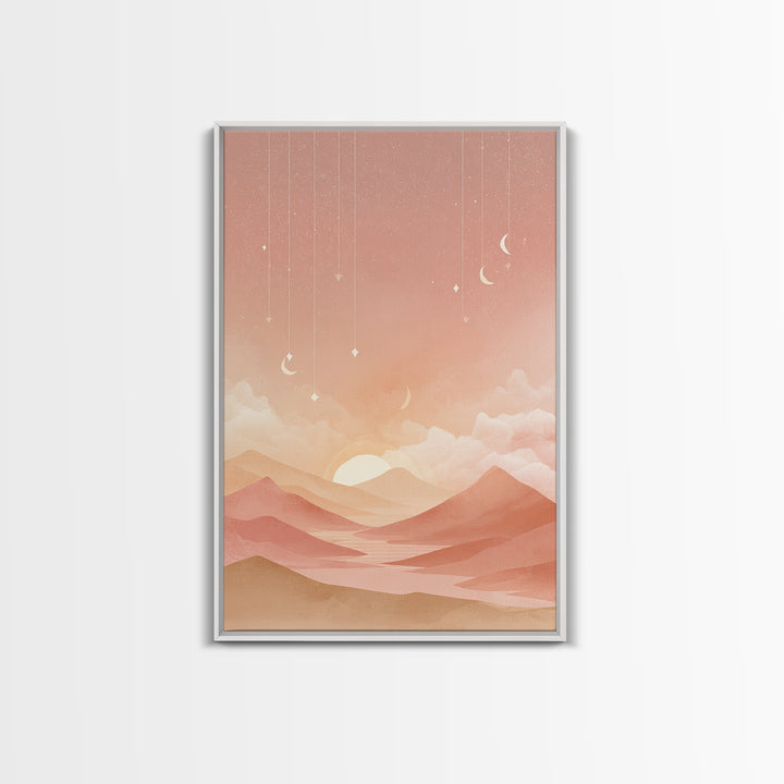 Peach Desert Sunrise Wall Art, Minimalist Moon Landscape Canvas, Boho Nursery Decor, Warm Neutral Bedroom Print Gift For Her