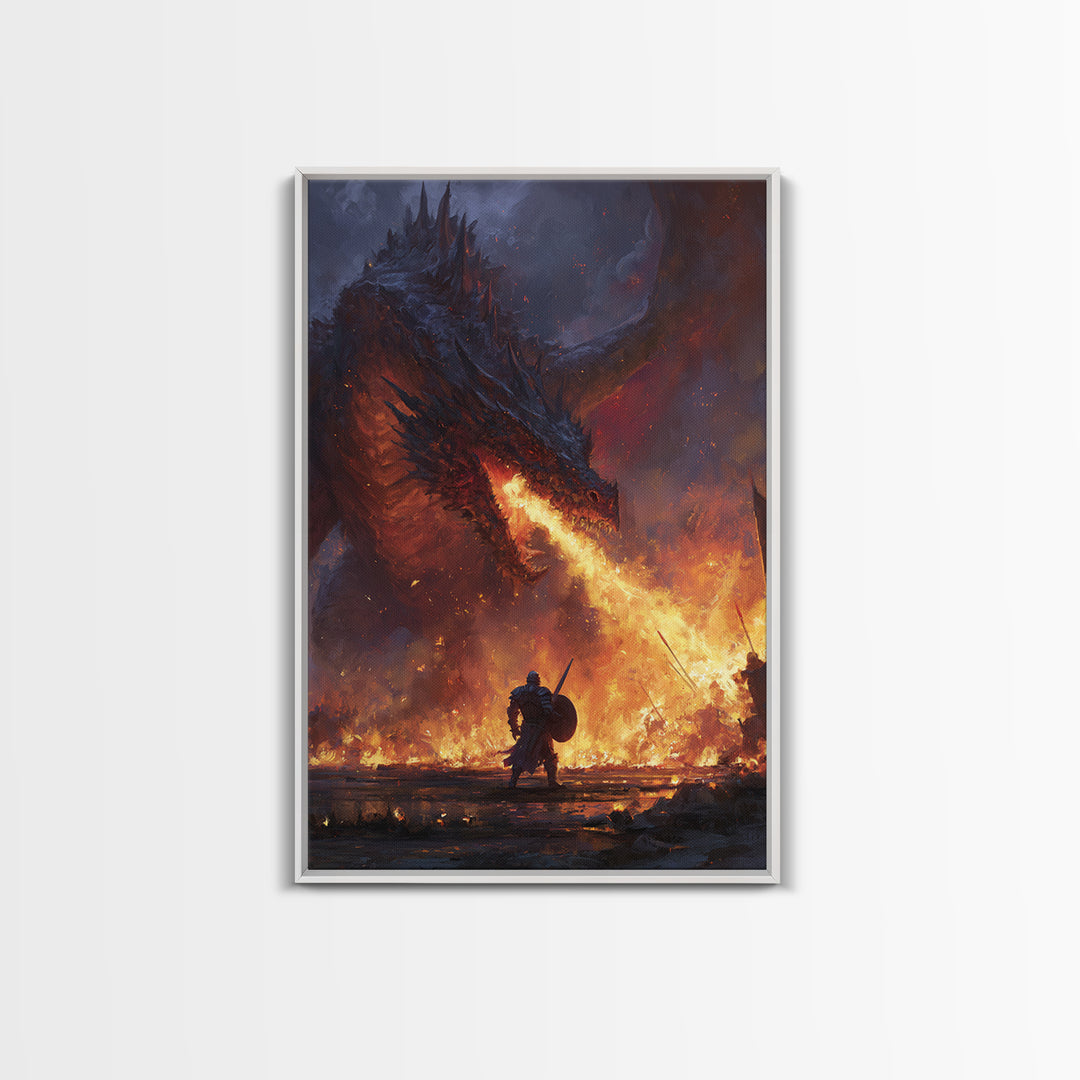 Fire Breathing Dragon Battle Wall Art, Dark Fantasy Canvas Print, Medieval Warrior Decor, Gothic Game Room Gift For Him Art