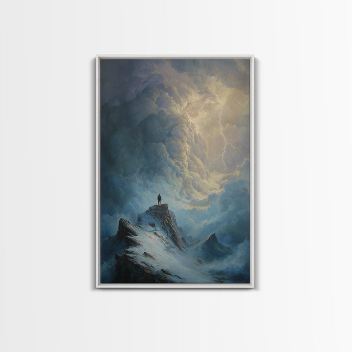 Lone Figure On Stormy Mountain Wall Art, Lightning Cloudscape Canvas Print, Moody Landscape Decor, Dark Academia Gift For Him