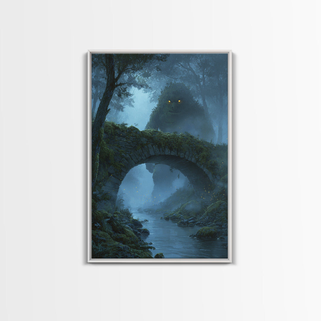 Glowing Eyed Forest Troll Wall Art, Enchanted Stone Bridge Canvas Print, Whimsical Fantasy Decor, Woodland Nursery Gift Art