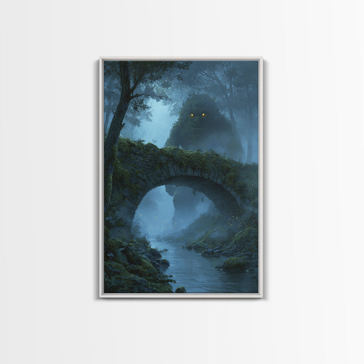 Glowing Eyed Forest Troll Wall Art, Enchanted Stone Bridge Canvas Print, Whimsical Fantasy Decor, Woodland Nursery Gift Art