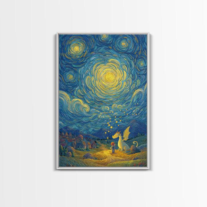 Star Swirled Child And Dragon Wall Art, Whimsical Fantasy Canvas Print, Nursery Decor, Celestial Kids Room Art Gift For Her