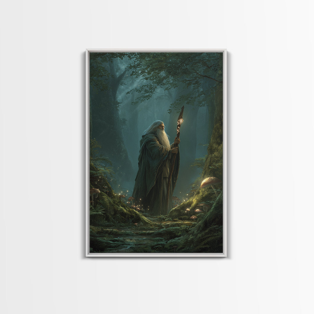 Ancient Wizard In Enchanted Forest Wall Art, Magical Mushroom Canvas Print, Dark Academia Fantasy Decor, Mystical Gift For Him