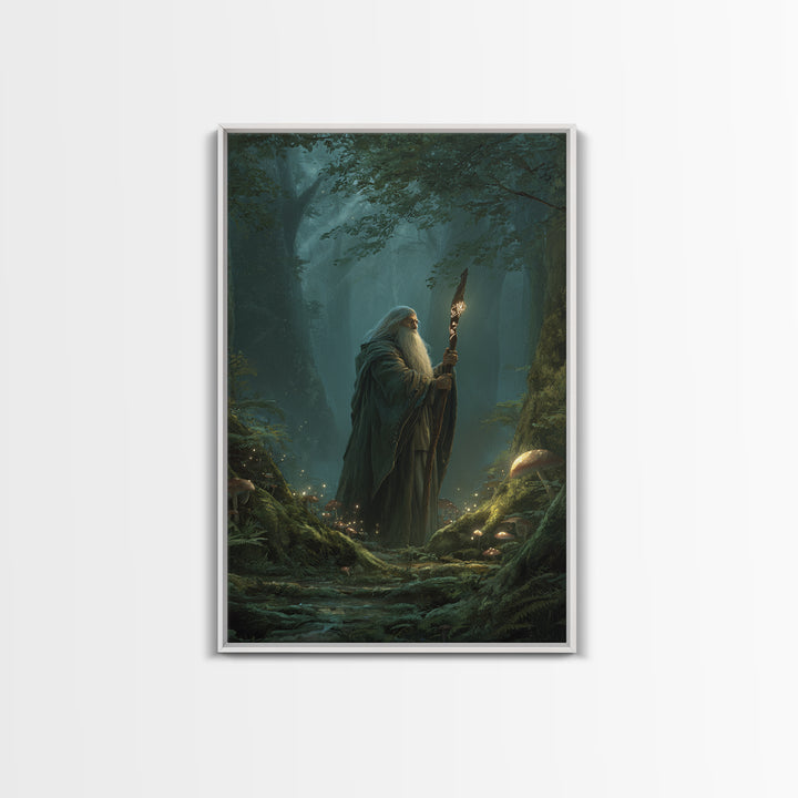 Ancient Wizard In Enchanted Forest Wall Art, Magical Mushroom Canvas Print, Dark Academia Fantasy Decor, Mystical Gift For Him