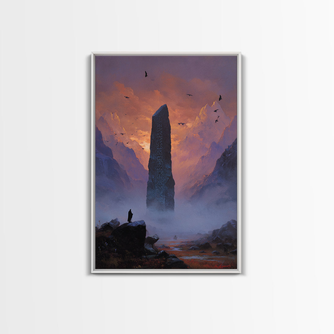 Misty Mountain Monolith Raven Large Canvas Print, Dark Fantasy Wall Art, Epic Landscape Art, Gothic Office Decor, Gift For Him