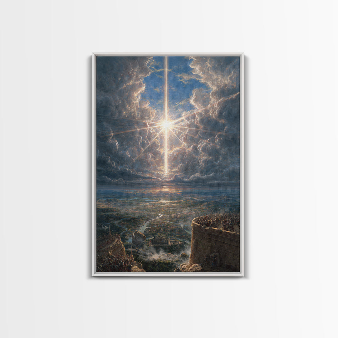Radiant Cross In Storm Clouds Framed Canvas Print, Christian Wall Art, Celestial Landscape Art, Spiritual Home Decor Gift