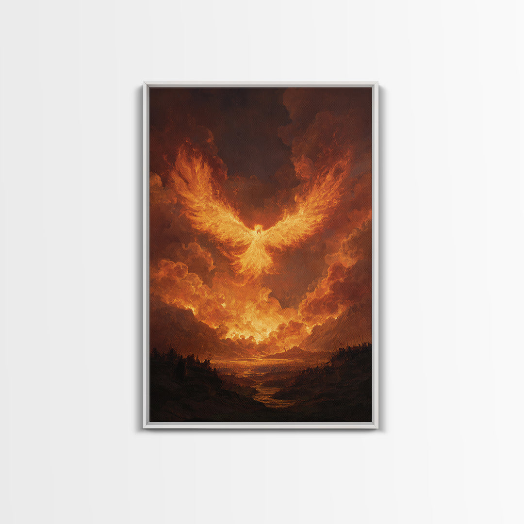 Blazing Phoenix Rising Canvas Print, Fantasy Wall Art, Firebird Painting, Mythical Creature Art, Dramatic Statement Decor
