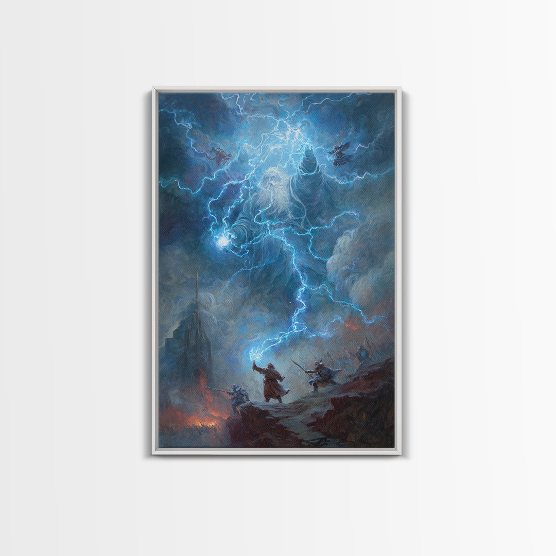Electric Lightning Storm Giant Canvas Print, Dark Fantasy Wall Art, Epic Battle Painting, Mythological Art, Gothic Castle Decor