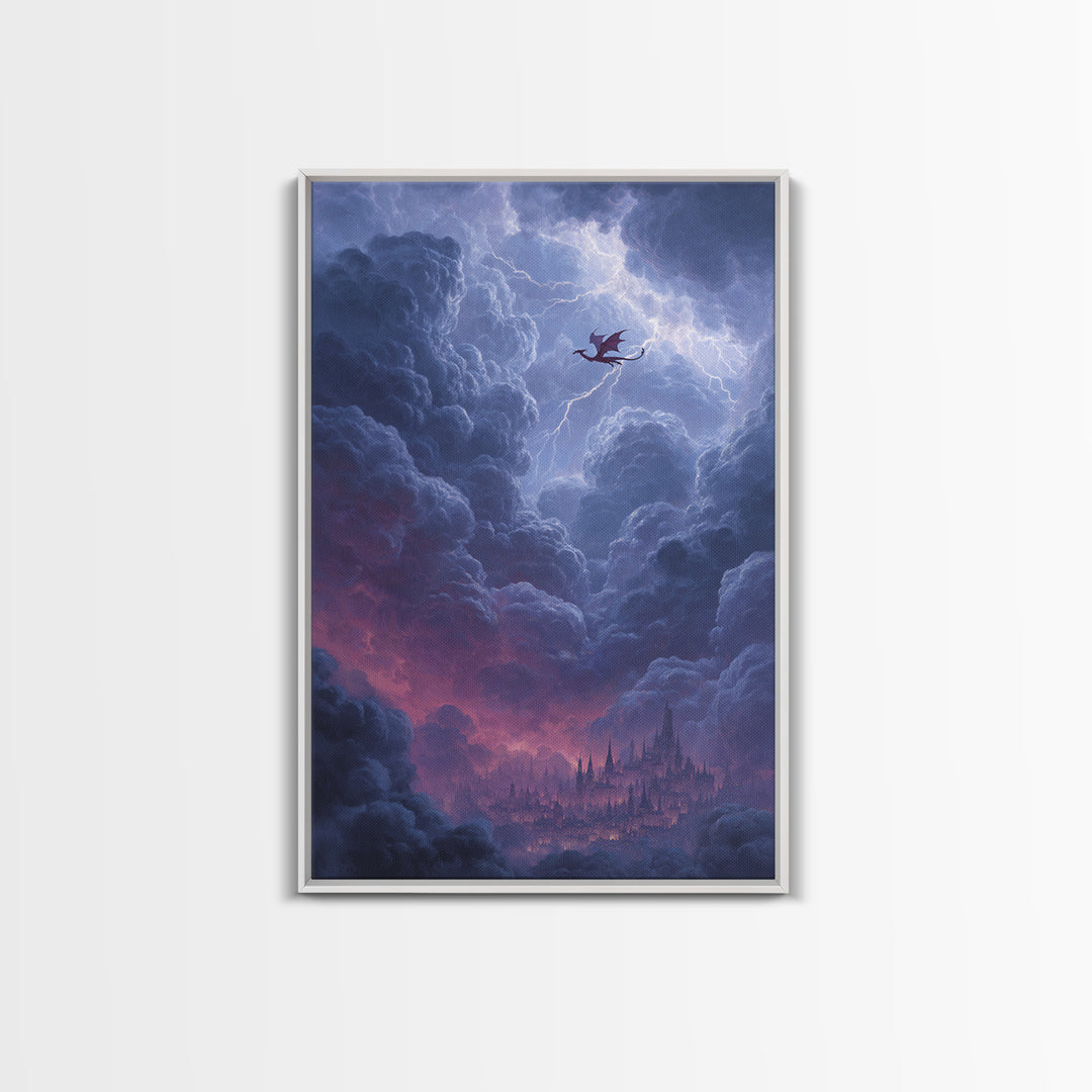Dragon Over Cloud City Framed Canvas Print, Fantasy Wall Art, Stormy Castle Landscape, Gothic Nursery Decor, Gift For Him