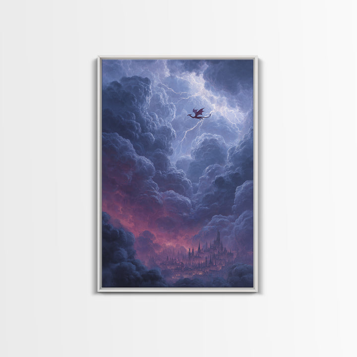 Dragon Over Cloud City Framed Canvas Print, Fantasy Wall Art, Stormy Castle Landscape, Gothic Nursery Decor, Gift For Him