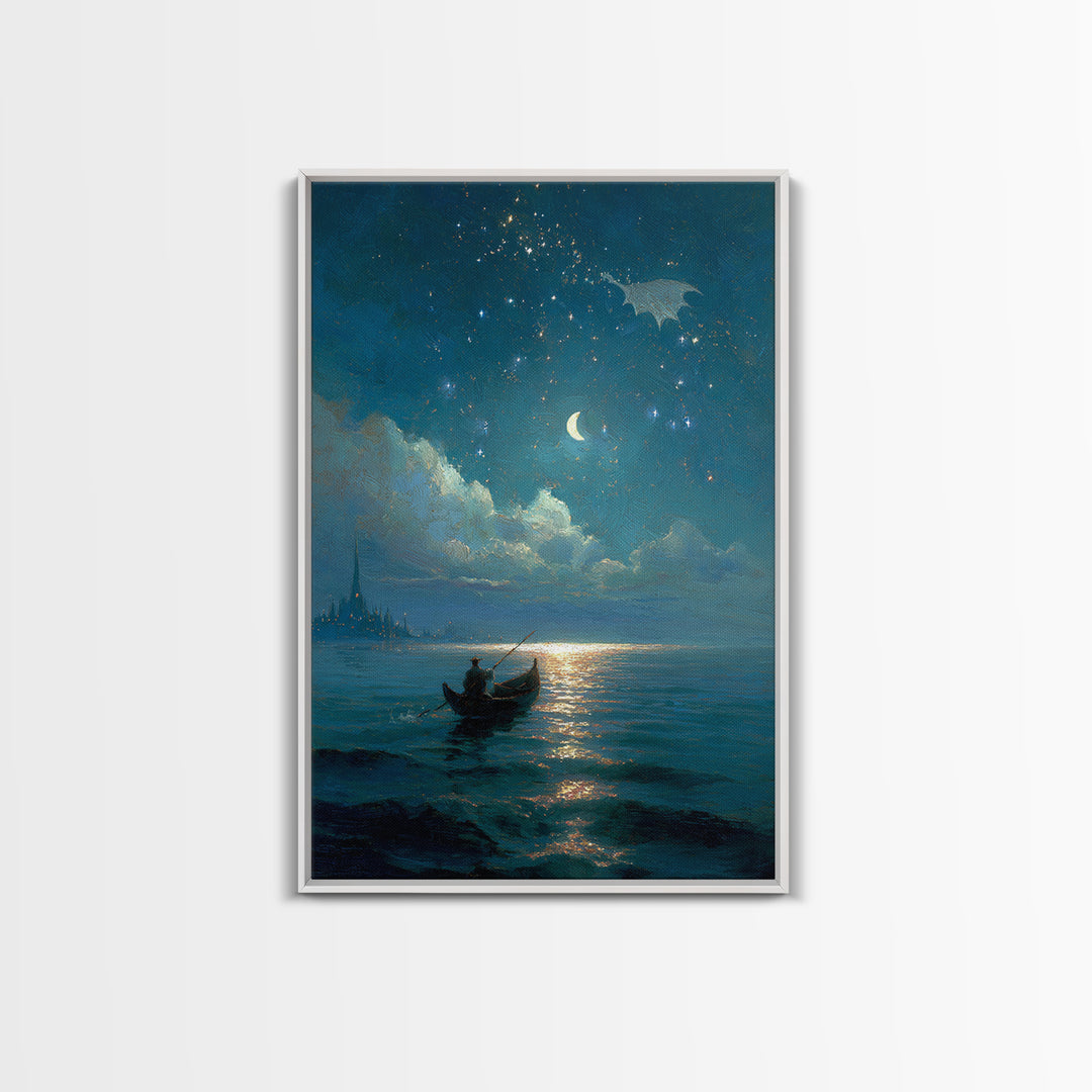 Moonlit Blue Boat And Castle Canvas Print, Celestial Wall Art, Fantasy Seascape Painting, Starry Night Decor, Gift For Her