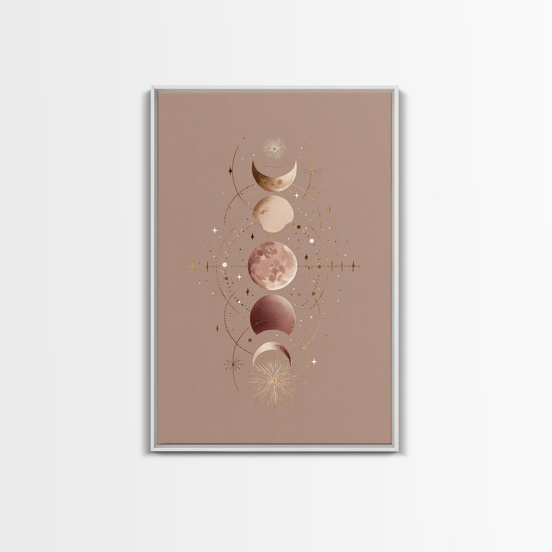 Moon Phases Celestial Wall Art, Taupe Boho Astrology Canvas, Mystical Lunar Decor, Minimalist Bedroom Print Gift For Her