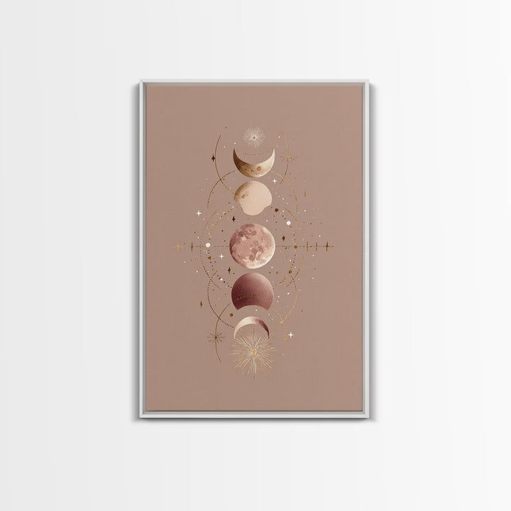 Moon Phases Celestial Wall Art, Taupe Boho Astrology Canvas, Mystical Lunar Decor, Minimalist Bedroom Print Gift For Her