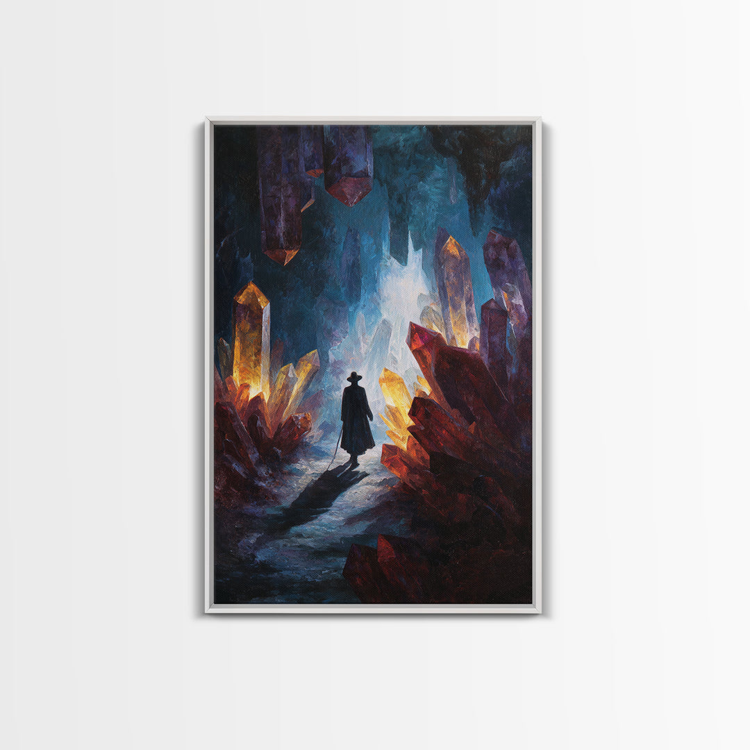 Glowing Crystal Cave Explorer Canvas Print, Fantasy Wall Art, Mystical Gemstone Cavern, Dark Academia Home Decor Gift For Him