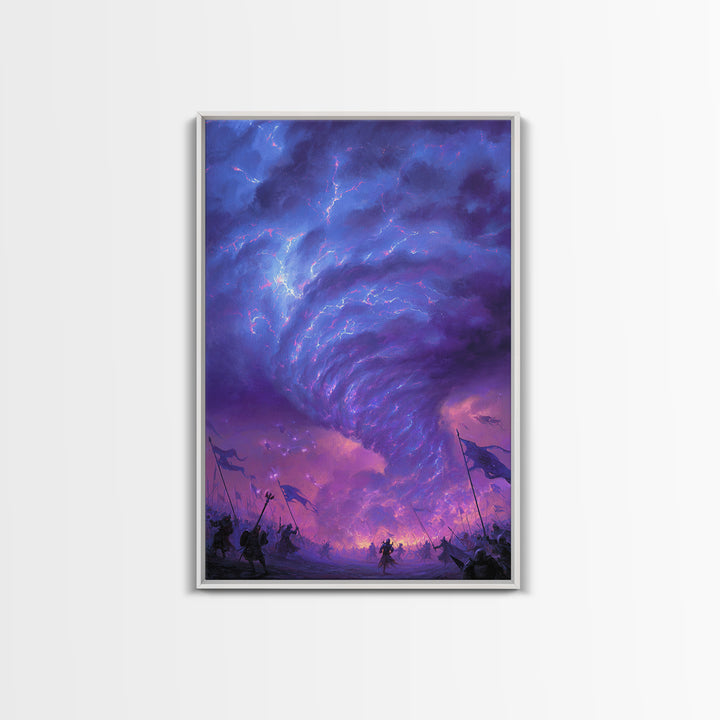 Purple Tornado Battle Storm Canvas Print, Fantasy Wall Art, Dark Magic Landscape, Epic Game Room Decor, Dramatic Gift For Him
