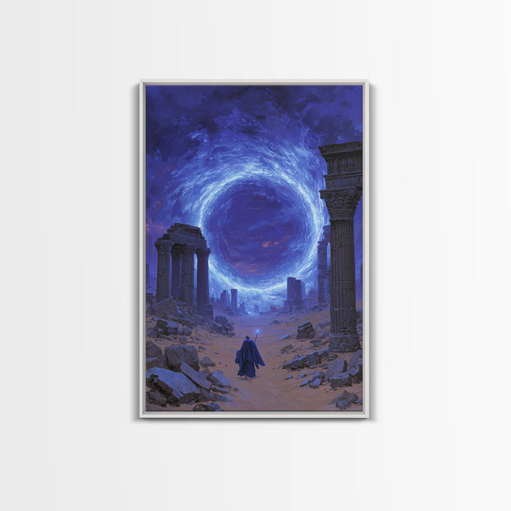 Ancient Ruins Blue Portal Canvas Print, Fantasy Wall Art, Magical Desert Landscape, Wizard Decor, Surreal Home Decor Gift