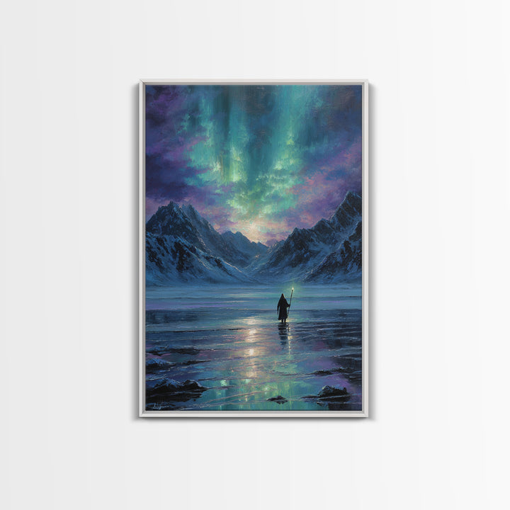 Northern Lights Mountain Lake Canvas Print, Aurora Wall Art, Fantasy Landscape Painting, Nordic Decor, Calming Home Decor Gift