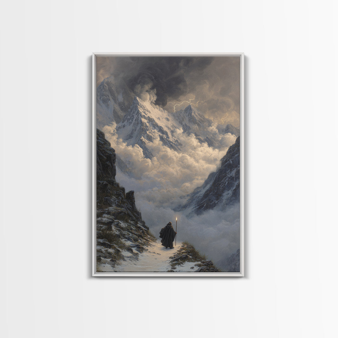 Stormy Snow Mountain Pass Canvas Print, Fantasy Wall Art, Moody Landscape Painting, Adventure Decor, Dramatic Home Decor