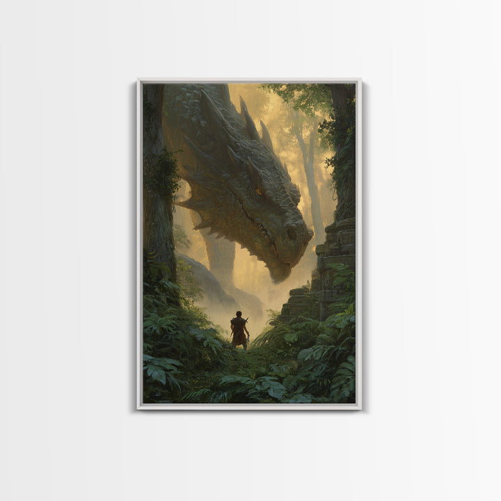 Giant Dragon In Ancient Jungle Ruins Wall Art Fantasy Canvas Print For Living Room Decor, Epic Heroic Gamer Room Gift For Him