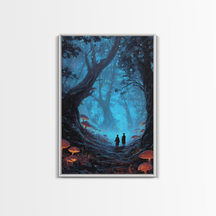 Enchanted Blue Mushroom Forest Wall Art Magical Fantasy Canvas Print For Bedroom Decor, Whimsical Fairy Tale Gift For Her