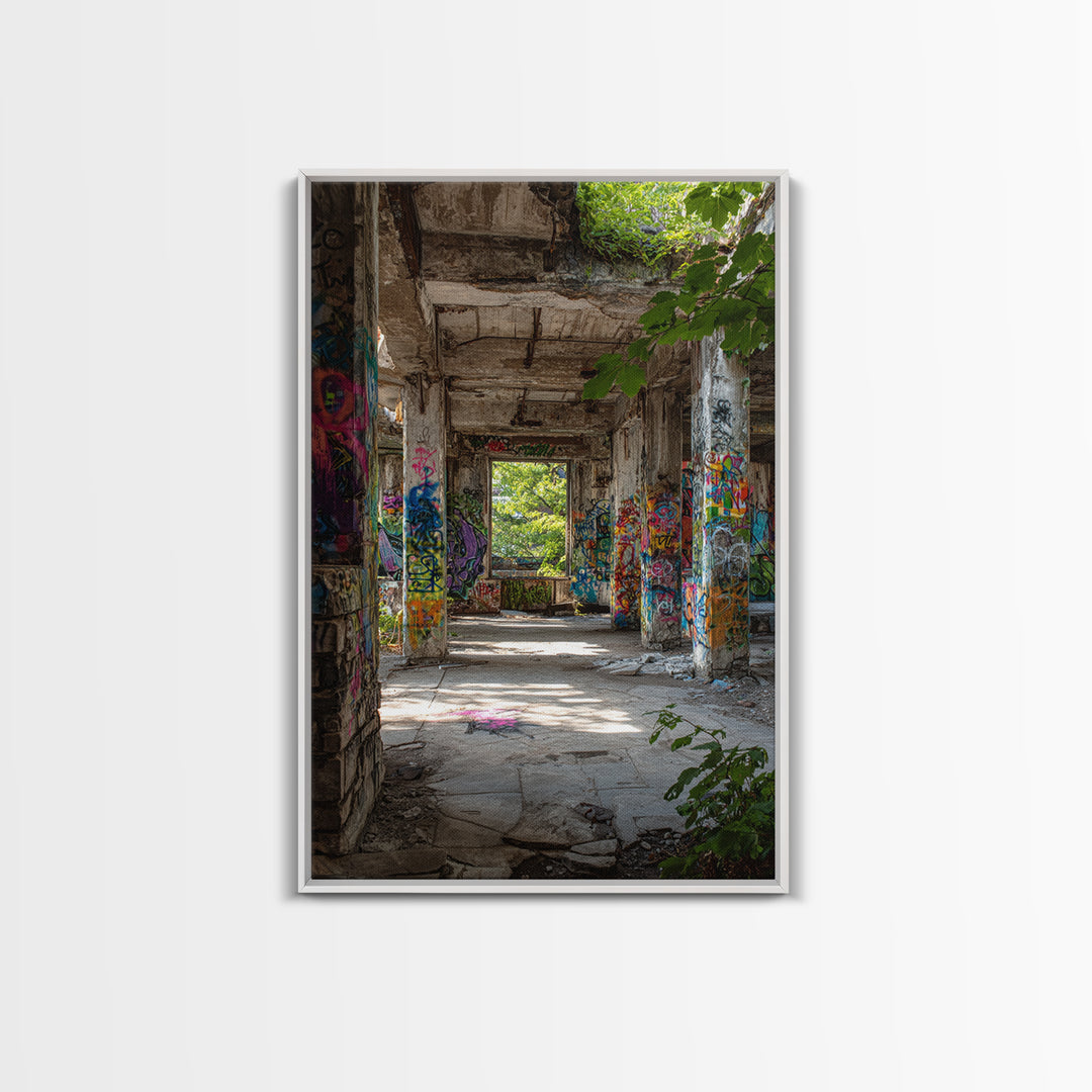 Sunlit Abandoned Graffiti Building Wall Art Urban Decay Photography Print, Industrial Office Decor For Modern Lofts Gift