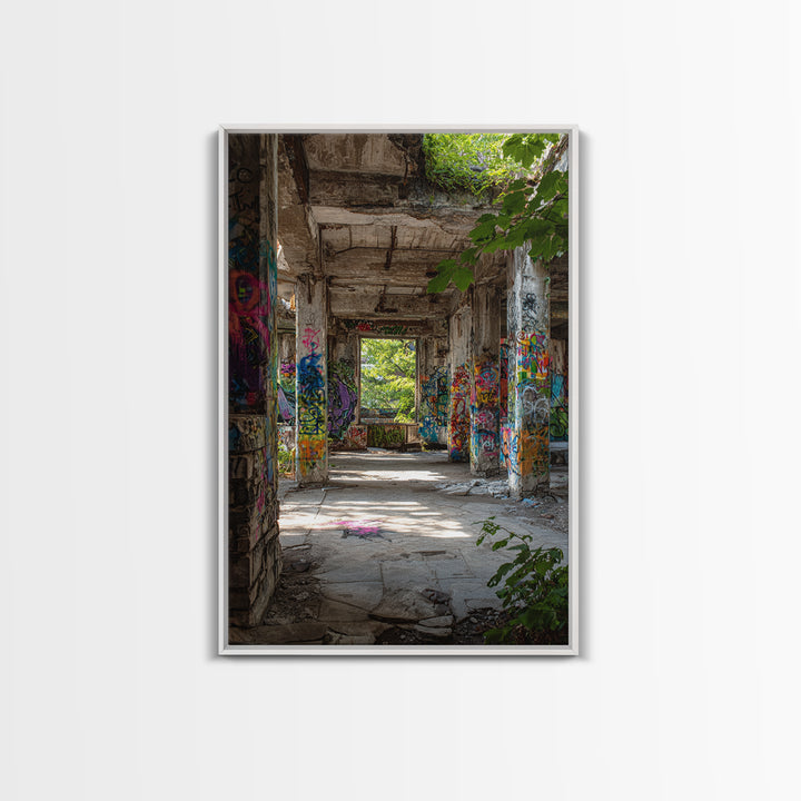 Sunlit Abandoned Graffiti Building Wall Art Urban Decay Photography Print, Industrial Office Decor For Modern Lofts Gift