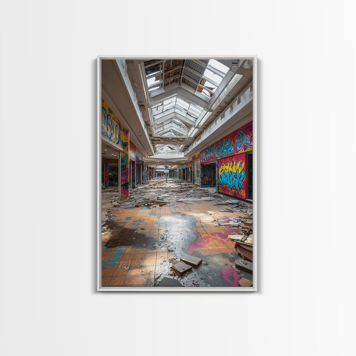 Abandoned Mall Atrium With Graffiti Wall Art Urban Decay Photography Print, Modern Industrial Decor For Loft Living Room