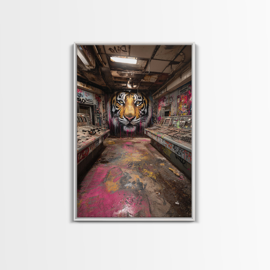 Tiger Mural In Abandoned Control Room Wall Art Urban Graffiti Canvas Print, Bold Animal Decor For Game Room Or Office Gift