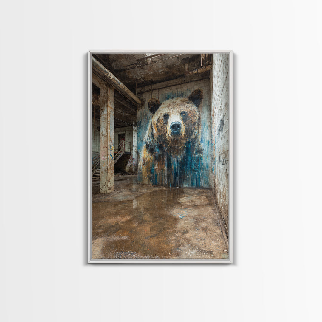 Realistic Bear Mural In Industrial Ruins Wall Art Urban Wildlife Canvas Print, Rustic Animal Decor For Cabin Or Office Gift