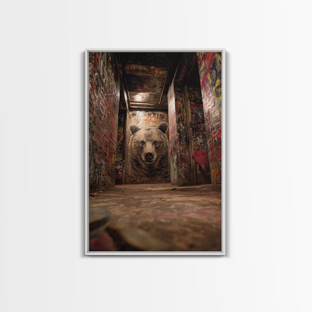 Moody Bear Portrait Graffiti Tunnel Wall Art Urban Wildlife Canvas Print, Dark Industrial Decor For Man Cave Or Office Gift