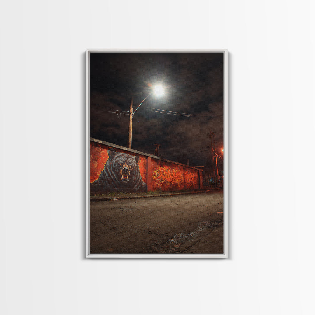 Night Street Bear Graffiti Wall Art Urban Wildlife Canvas Print, Red Brick Mural Decor For Man Cave Or Industrial Office