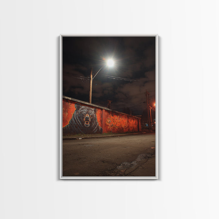Night Street Bear Graffiti Wall Art Urban Wildlife Canvas Print, Red Brick Mural Decor For Man Cave Or Industrial Office
