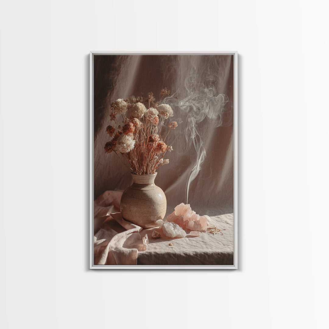 Dried Flowers With Incense Smoke Framed Canvas Print, Boho Wall Art, Rose Quartz Decor, Spiritual Bedroom Wall Decor Gift