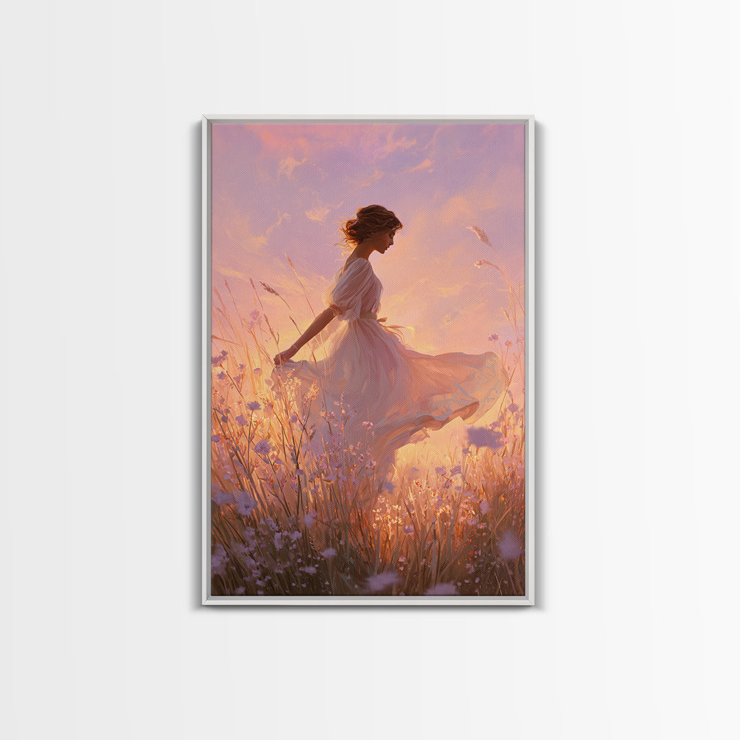 Sunset Meadow Woman In White Dress Wall Art, Romantic Wildflower Canvas Print, Feminine Bedroom Decor, Living Room Decor, Gift For Her
