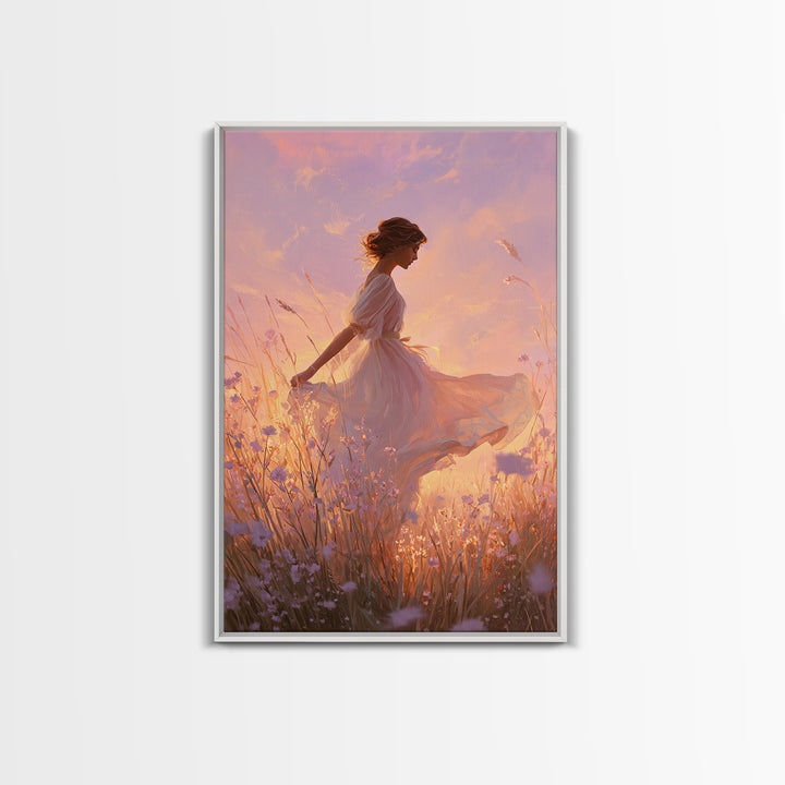 Sunset Meadow Woman In White Dress Wall Art, Romantic Wildflower Canvas Print, Feminine Bedroom Decor, Living Room Decor, Gift For Her