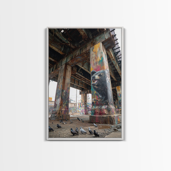 Vibrant Street Art Bear On Grungy Urban Pillar Graffiti Wall Painting Framed Canvas Print Trendy Wall Art