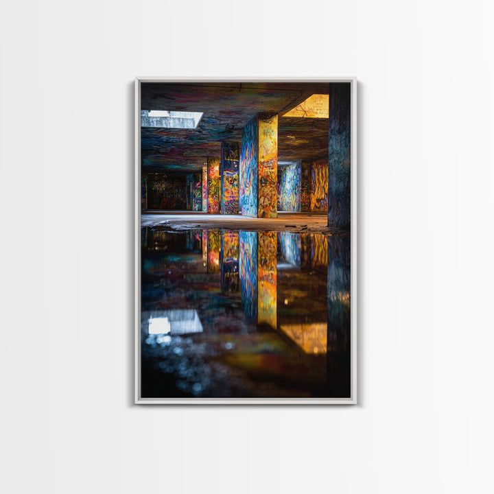 Colorful Graffiti Art With Reflections In Urban Underground Tunnel Wall Art Framed Canvas Print