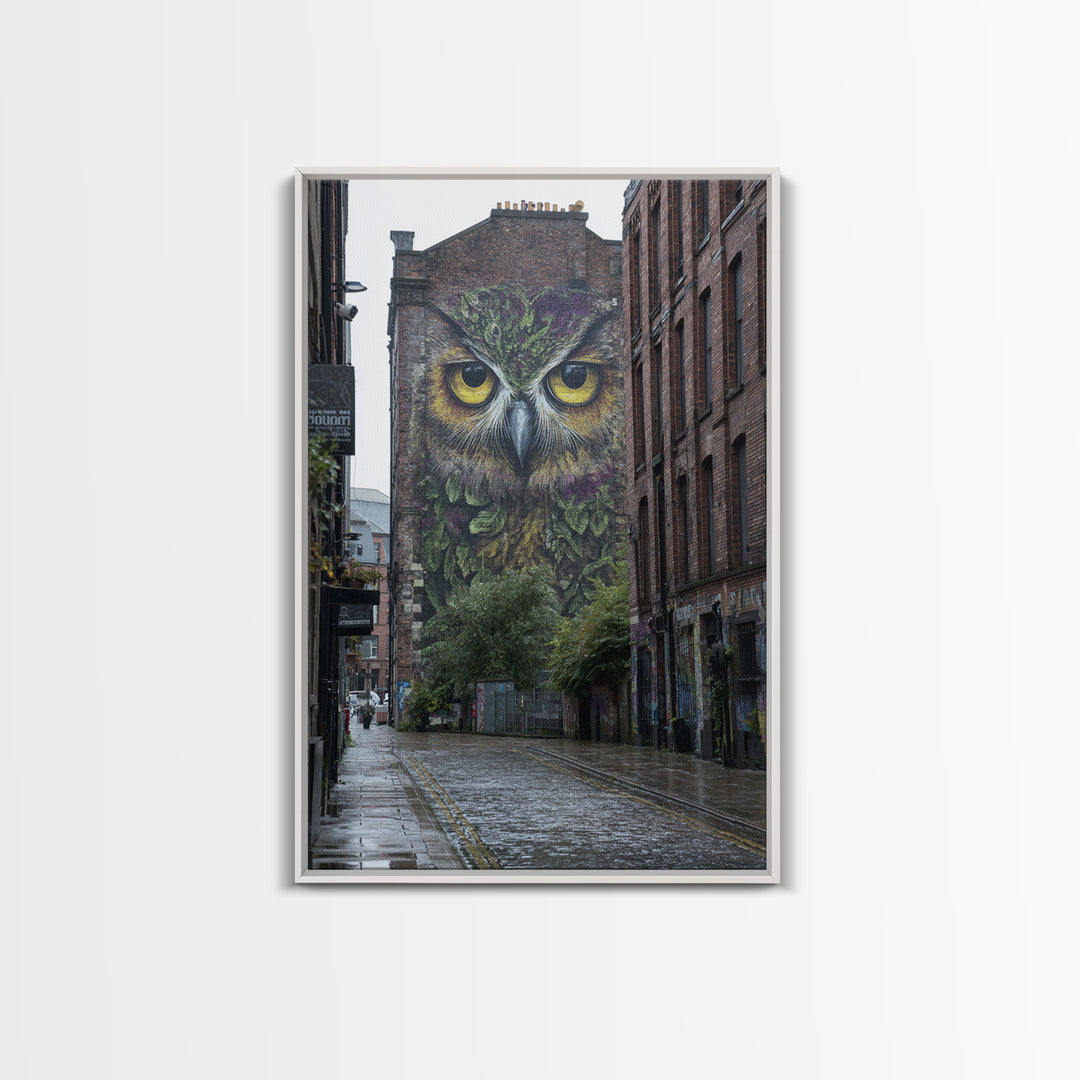 Large Vibrant Owl Mural Painted On Brick Building Wall In City Street - Original Wall Art Canvas Print For Urban Decor