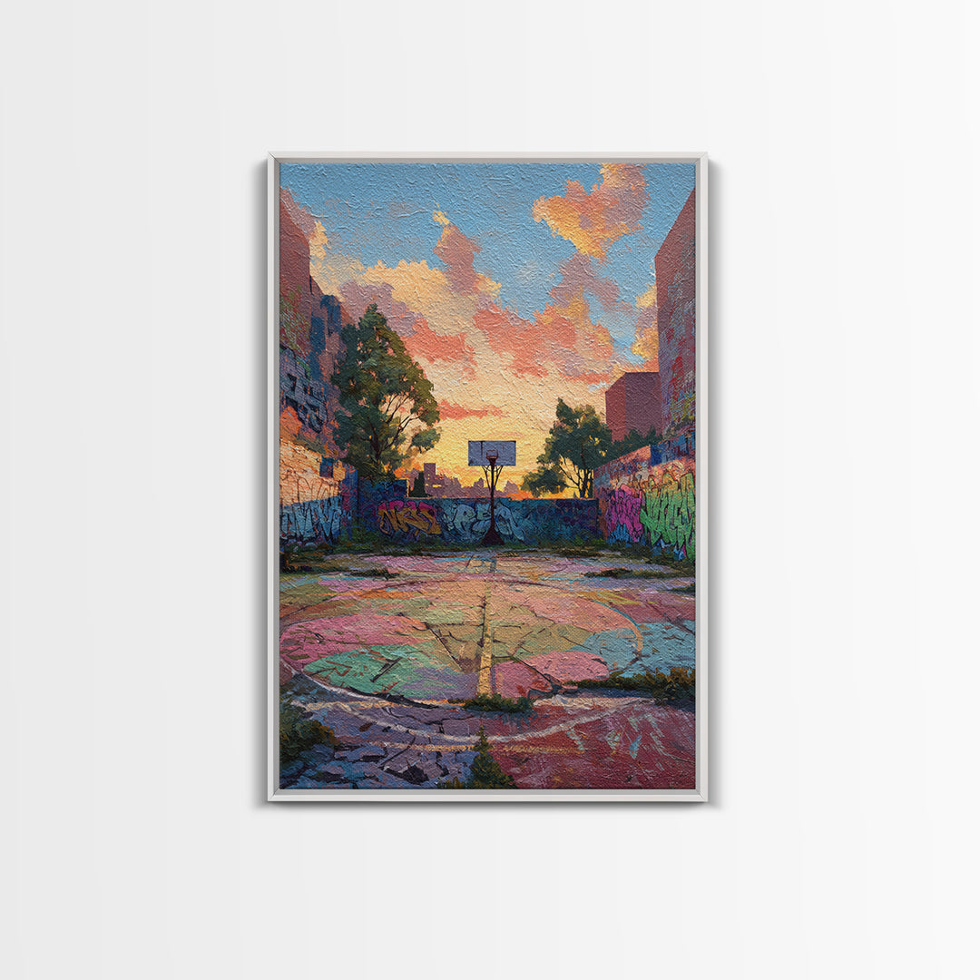 Urban Graffiti Basketball Court Sunset Colorful Street Art Canvas Print Vibrant Wall Art For Modern Living Room