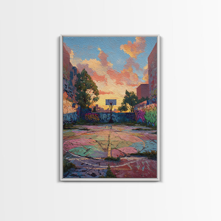 Urban Graffiti Basketball Court Sunset Colorful Street Art Canvas Print Vibrant Wall Art For Modern Living Room