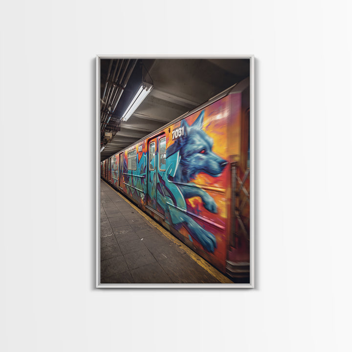 Graffiti Art Subway Train With Blue Dog Design Urban Street Art Canvas Print For Unique Contemporary Wall Decor