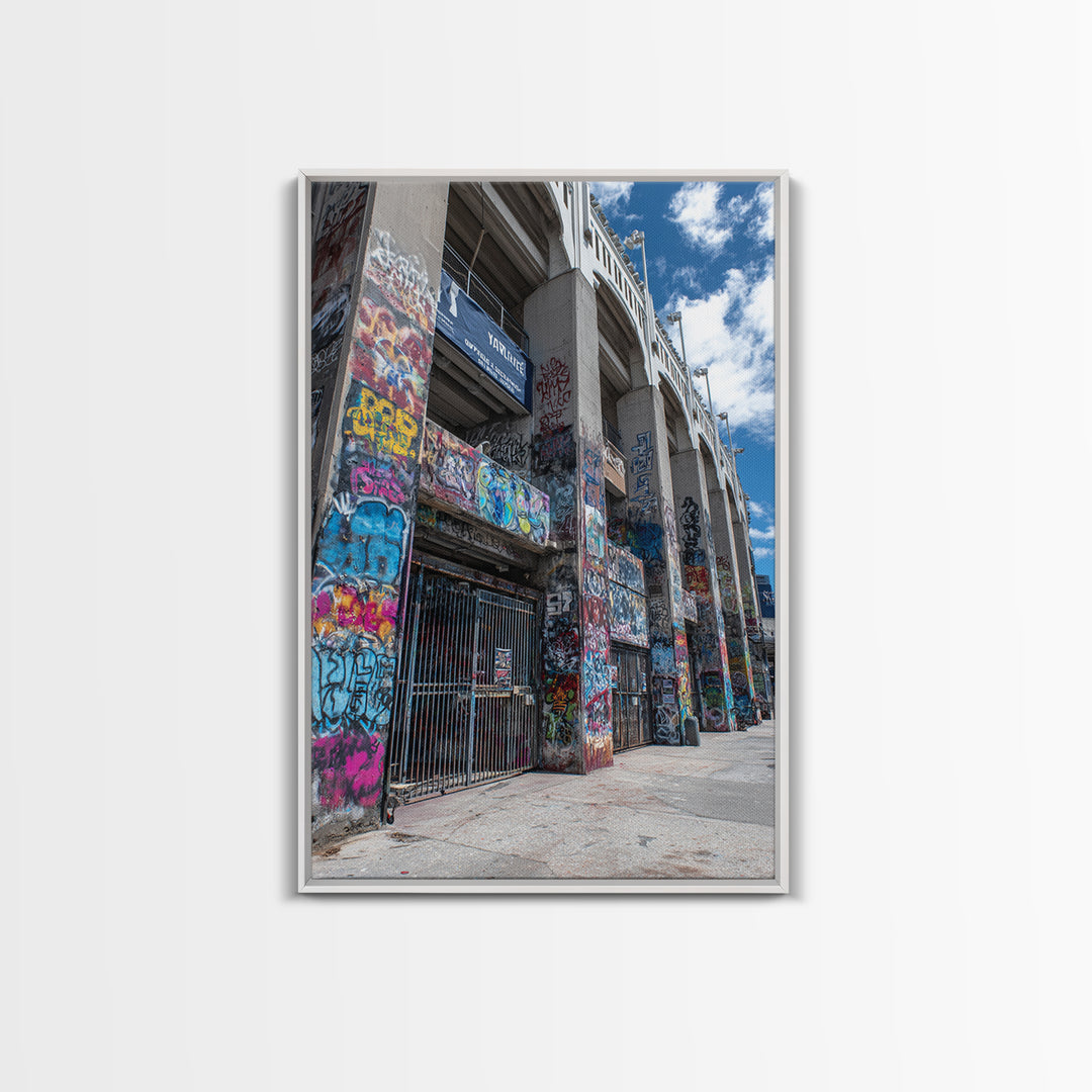 Abandoned Urban Street Art Graffiti Wall With Blue Sky | Vibrant Modern Wall Art Print For Home Decor Framed Canvas Print