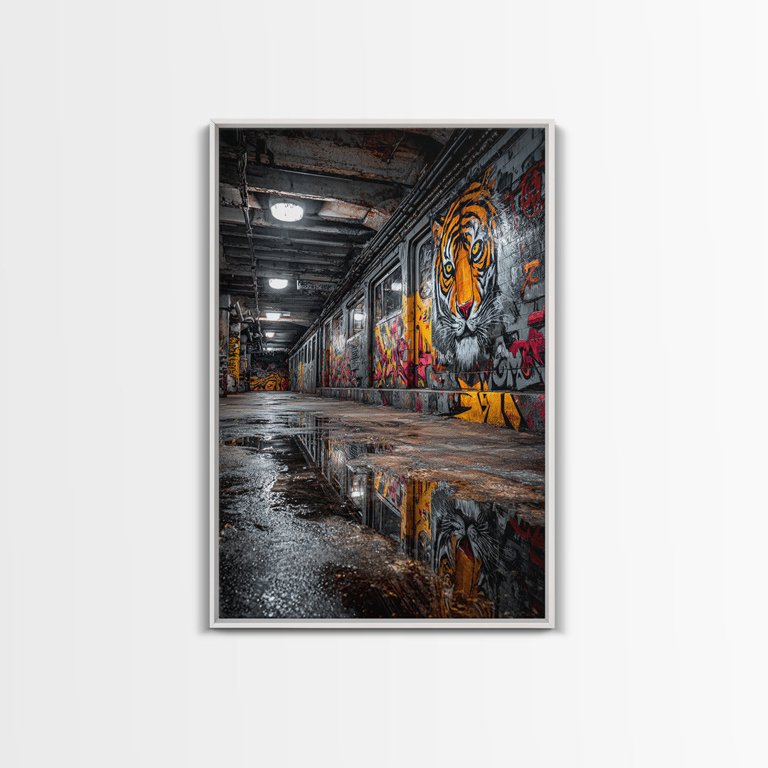 Urban Subway Corridor With Tiger Graffiti Art Moody Street Art Wall Decor - Canvas Print For Industrial Loft And Urban Spaces